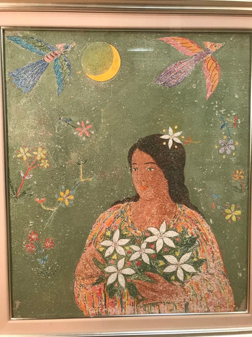 金森良泰　「瑞鳥華」　フレスコ画１０号　画面右下・キャンバス裏に本人直筆サイン有