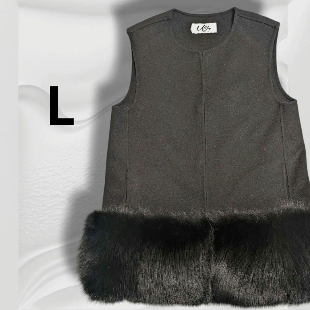 【美品】u-big 石井毛皮 ベスト ジレ ボリューム フォックスファー L 黒