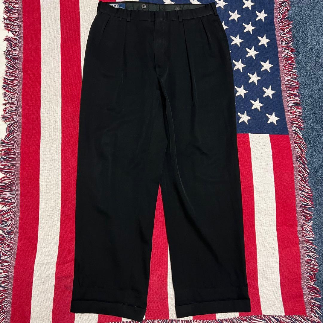 90s Ralph Laurenラルフローレン レーヨン 2タック 黒スラックス