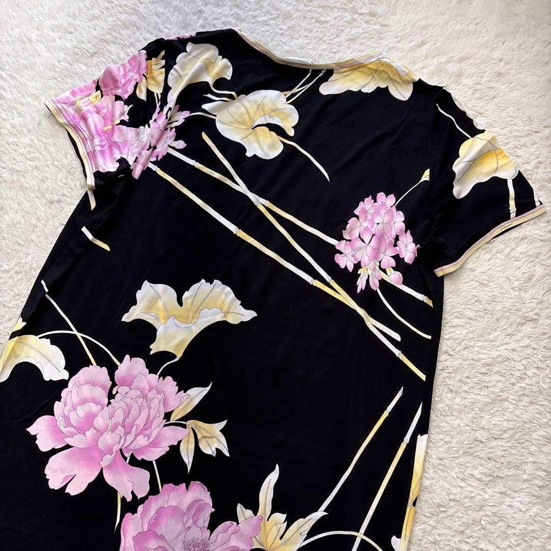 美品　LEONARD レオナール レーヨンジャージーワンピース　花柄　ブラック