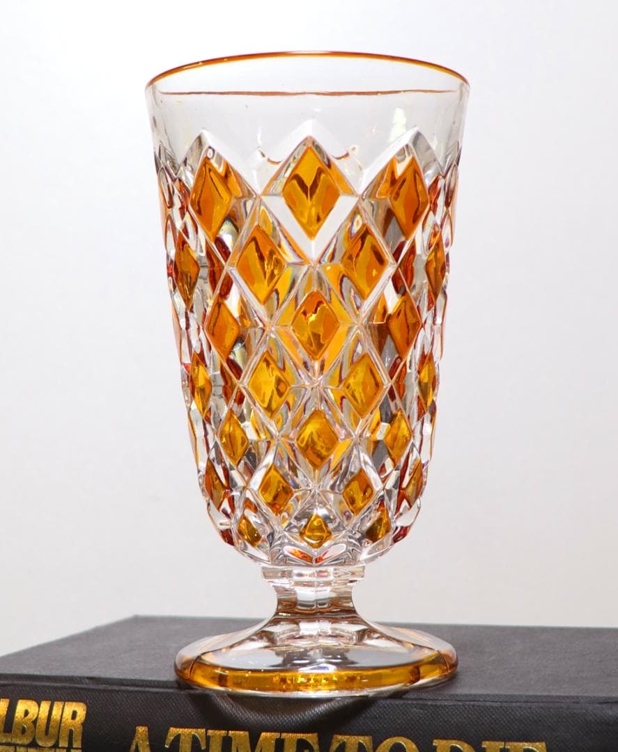 オールド・バカラ 最高級 琥珀色被せ ディアマン・カレ 大型 花瓶 アンバー色