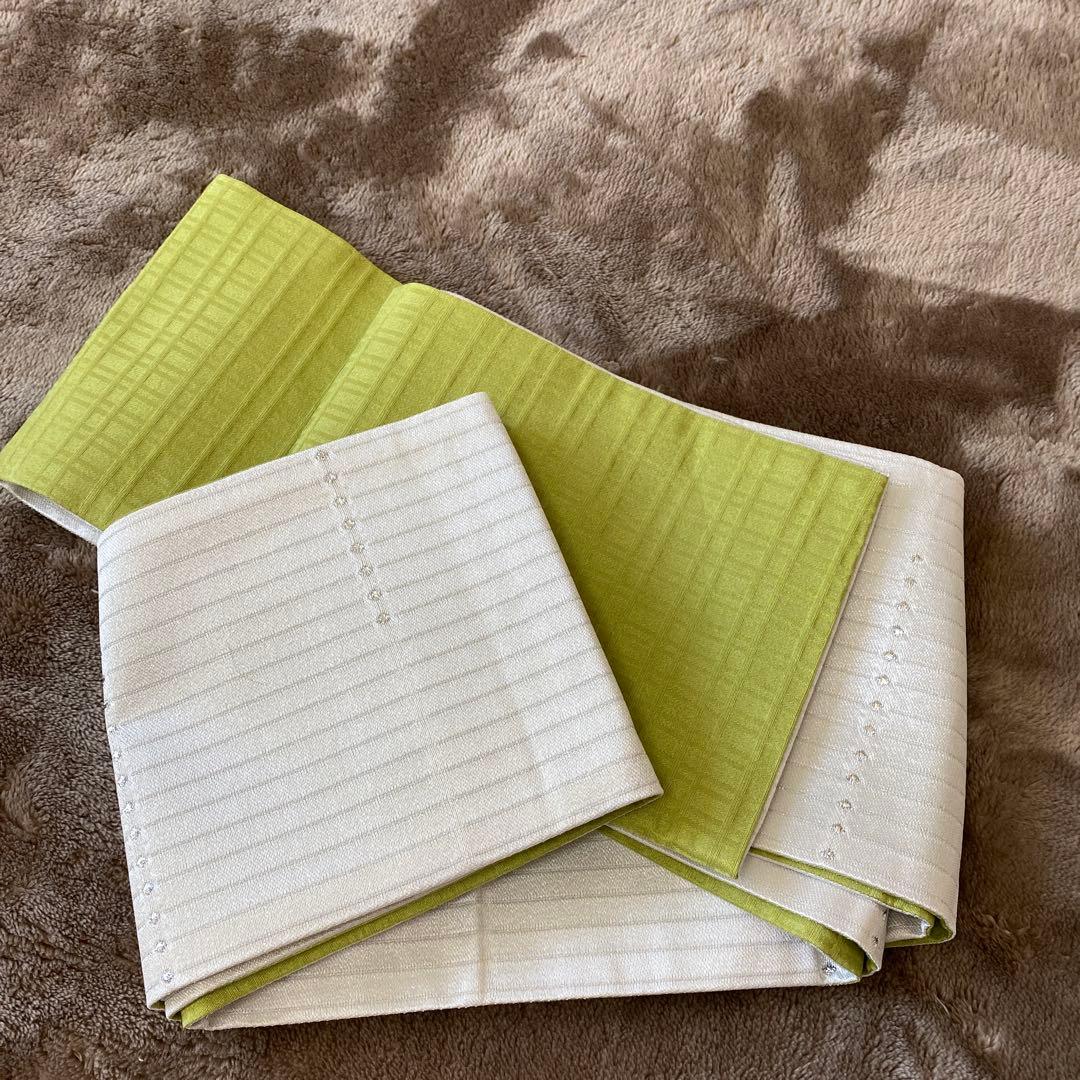 リバーシブル半幅帯 緑と白のストライプ