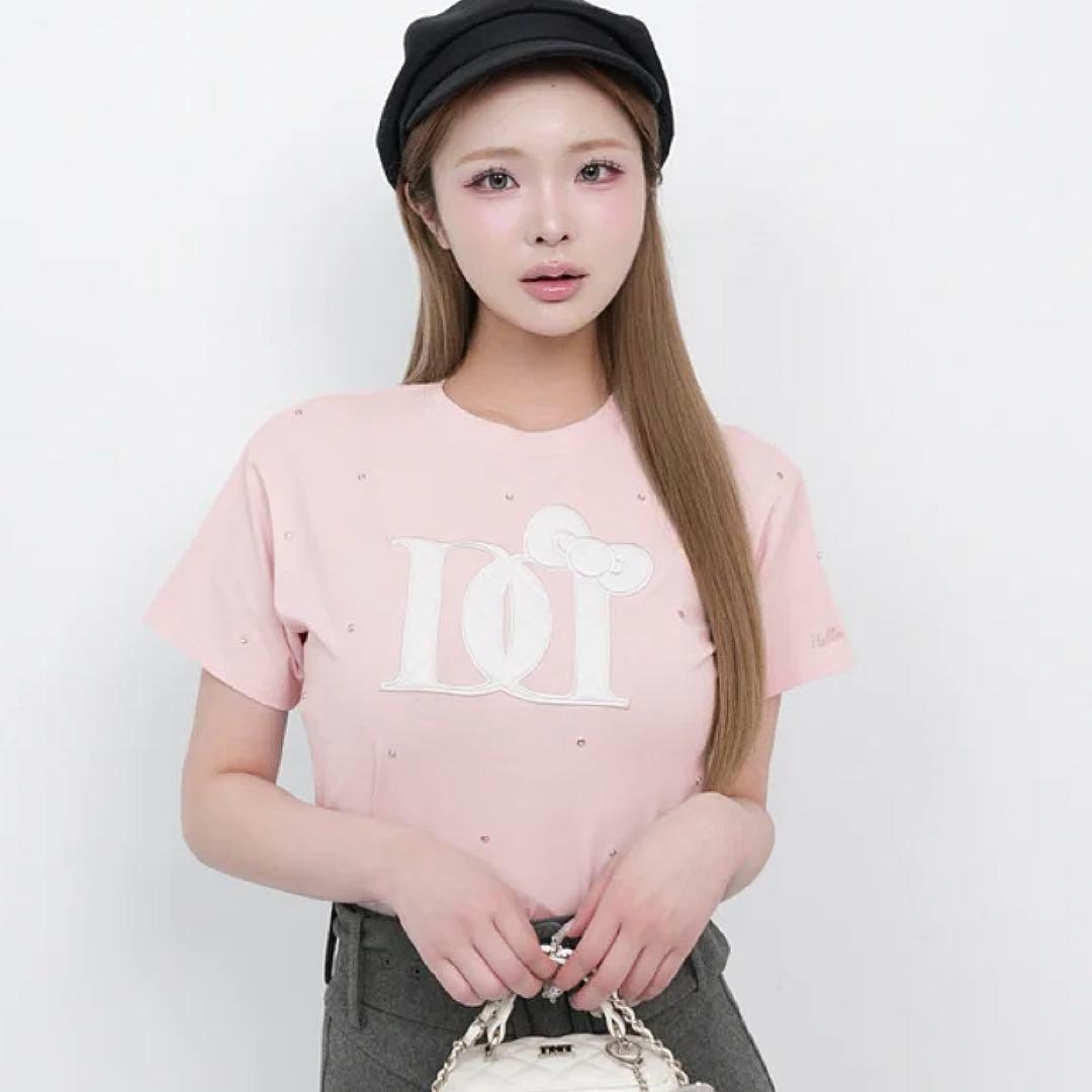 Hello DarichキルティングアップリケビジューTシャツ　ピンク　PNK