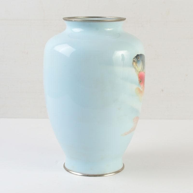 七宝焼　水色釉　双魚文　花瓶　V　9884