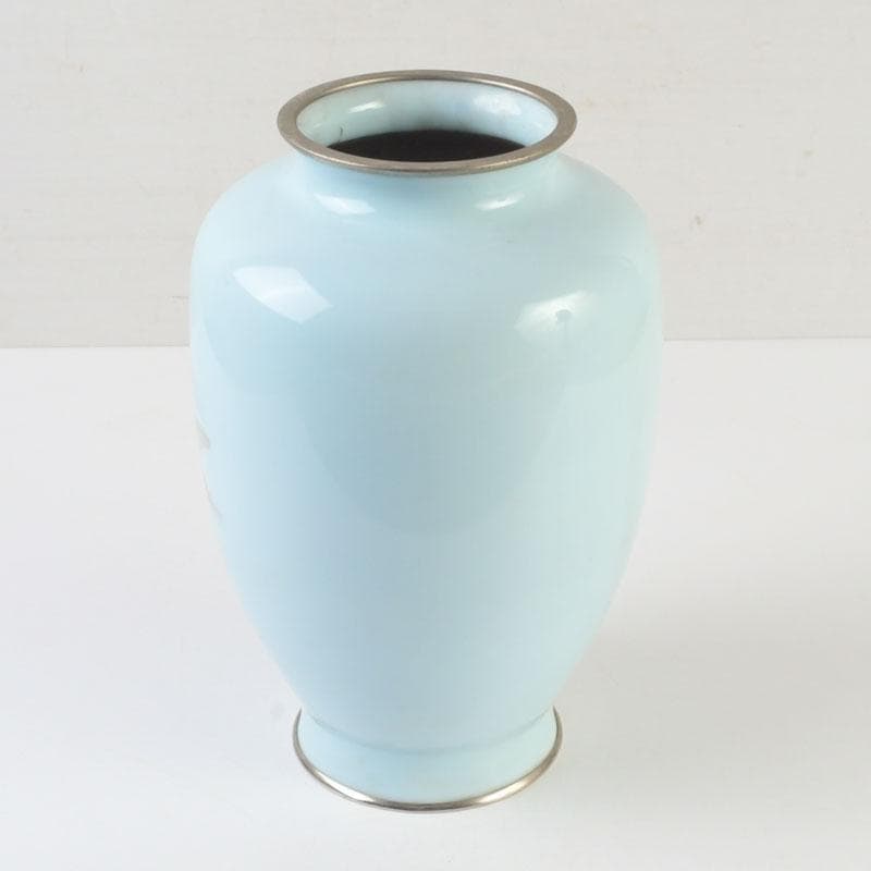 七宝焼　水色釉　双魚文　花瓶　V　9884