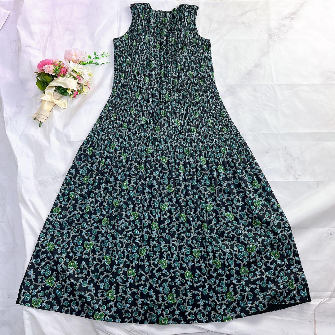 極美品✨イッセイミヤケ フェット プリーツワンピース 総柄 花柄 緑 2
