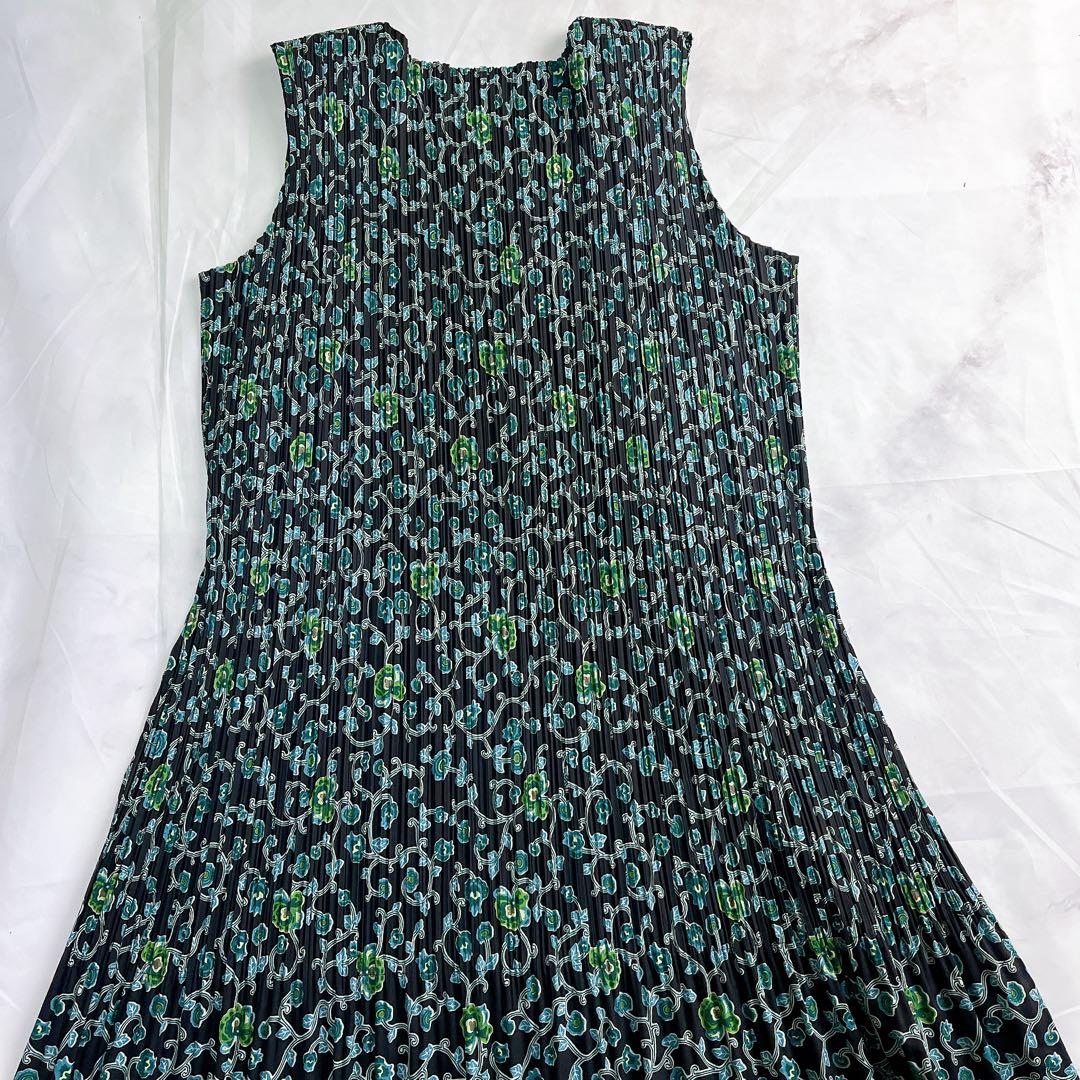 極美品✨イッセイミヤケ フェット プリーツワンピース 総柄 花柄 緑 2