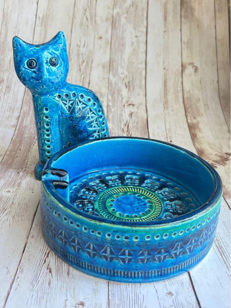 値下げ大特価⭐︎Bitossi（ビトッシ）FLAVIA青い猫の陶器置物＆灰皿