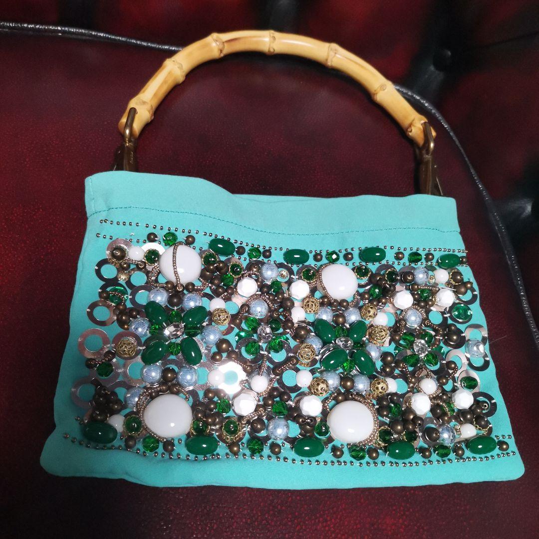 ターコイズ ビーズ装飾 パーティーバッグ