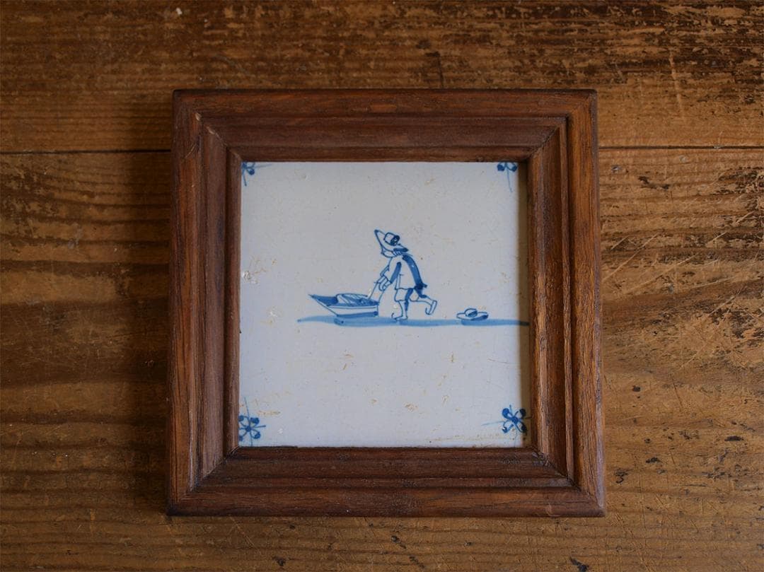 デルフトタイル そり遊び 何かを運ぶ人 帽子落ちてますよ 木製フレーム/J543