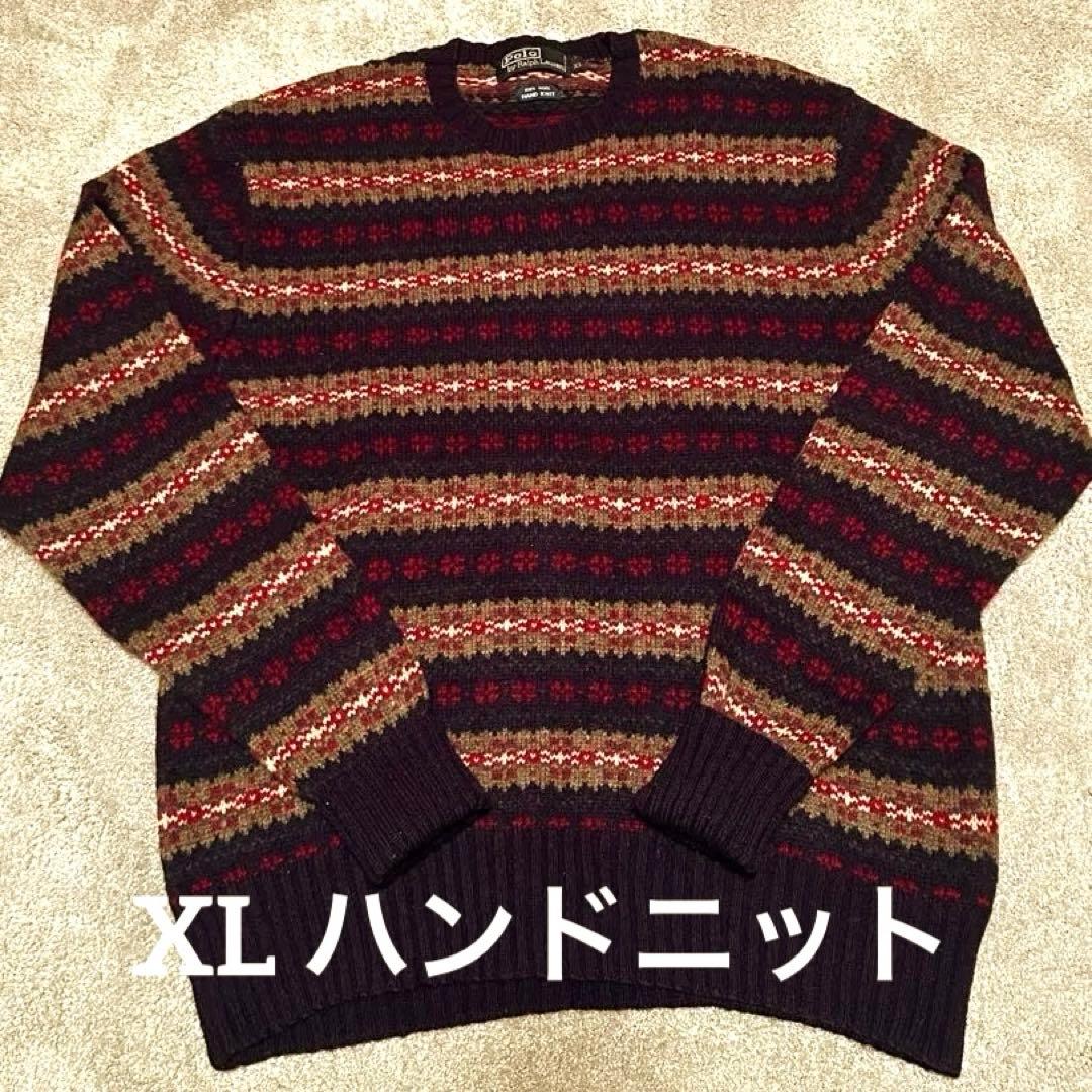 【美品　XL】ポロラルフローレン ハンドニット フェアアイル 紺 ウール 90s