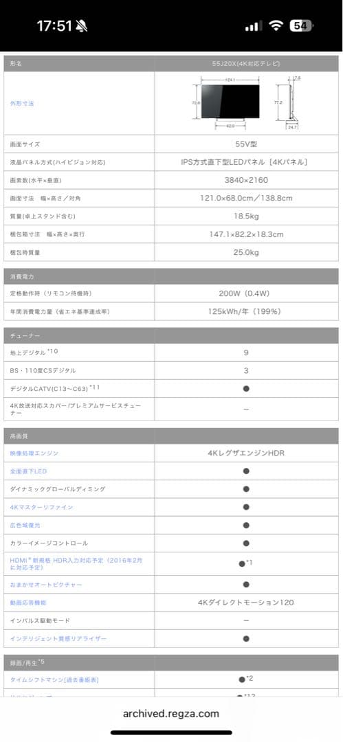 テレビ REGZA 55J20X
