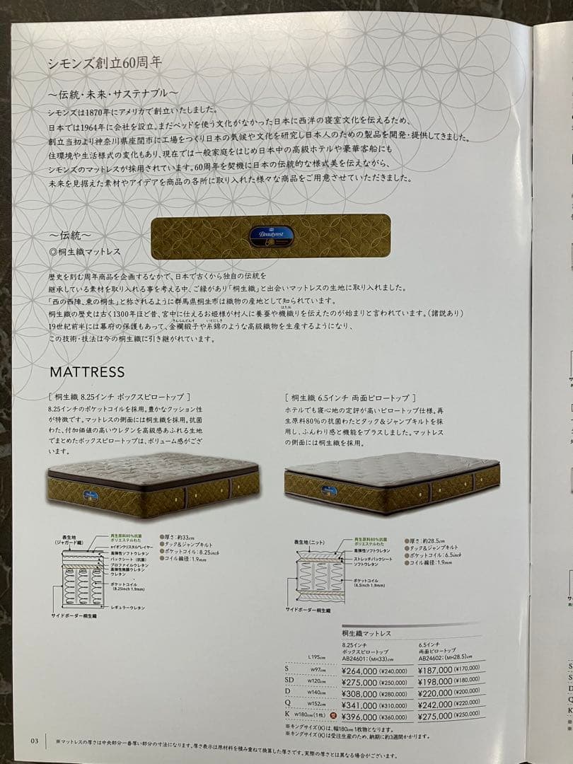 SIMMONS 桐生織6.5インチ両面ピロートップ　ダブルマットレス 展示品