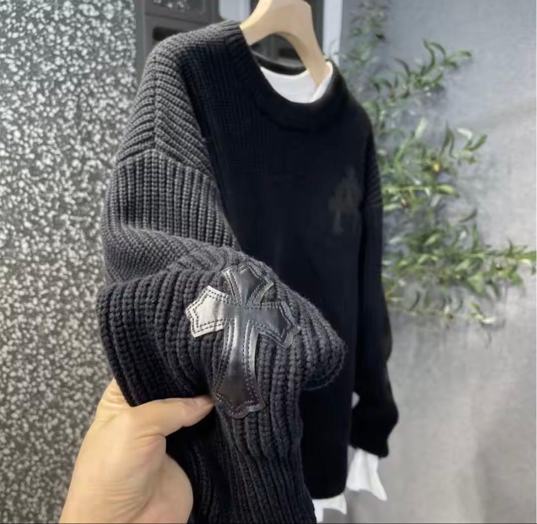 Chrome Hearts レザーパッチ ニット 黒 オーバーサイズ 男女兼用