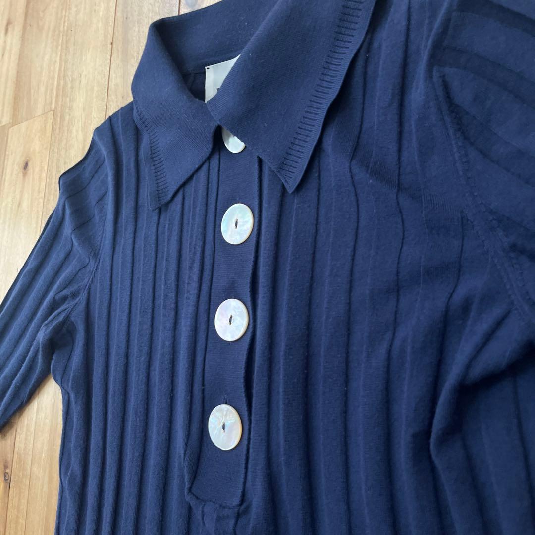 NACKIYÉ ネイビーリブ編み五分袖ポロシャツ