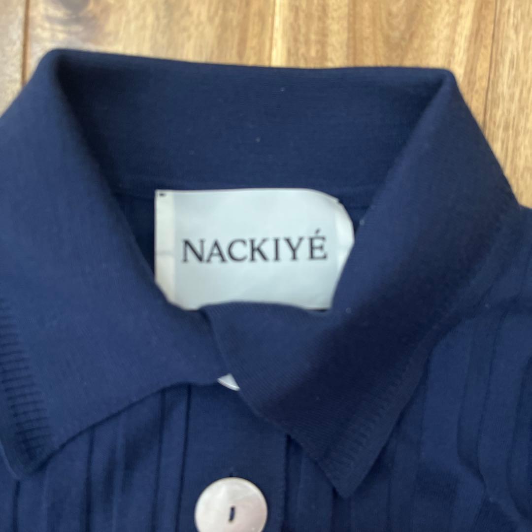 NACKIYÉ ネイビーリブ編み五分袖ポロシャツ