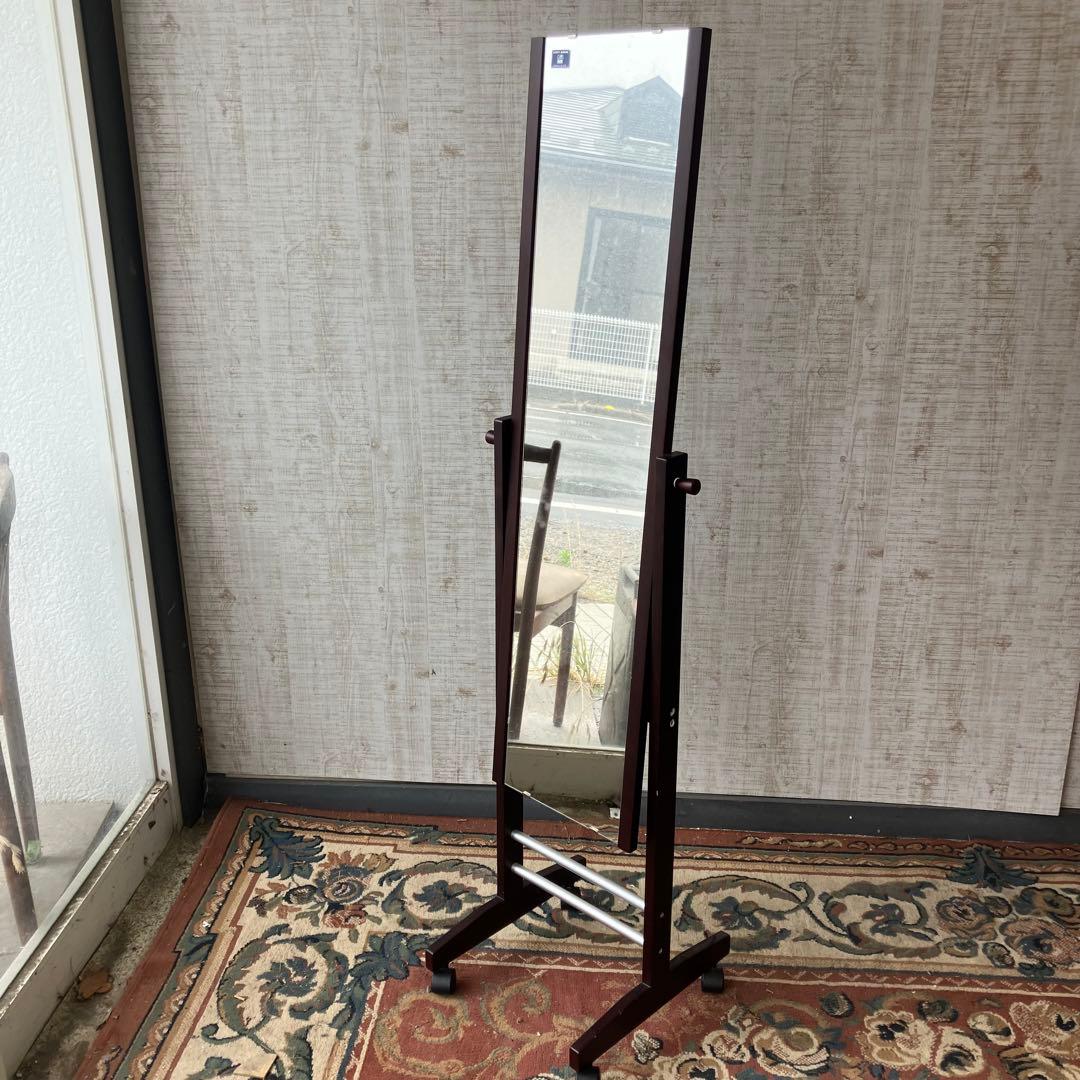 北欧レトロ 塩川光明堂 木製 キャスター付き スタンドミラー 姿見 全身鏡