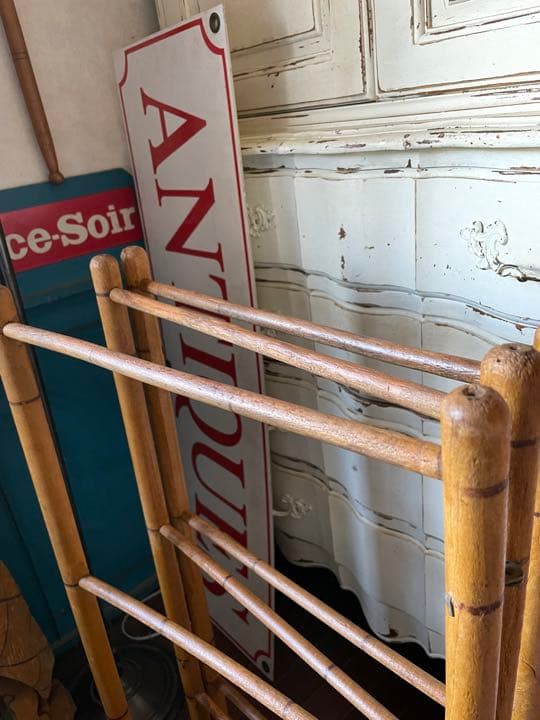 フランス　アンティーク　クロス　タオルバー　ラック　木製　折りたたみ　間仕切り
