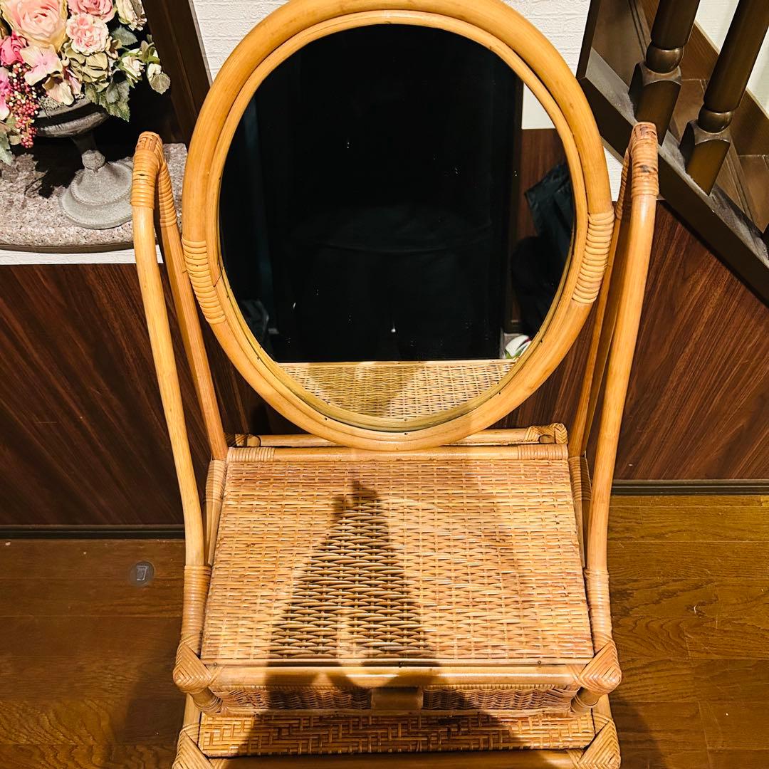 【良品】ラタン ドレッサー スツールセット 鏡台 昭和レトロ