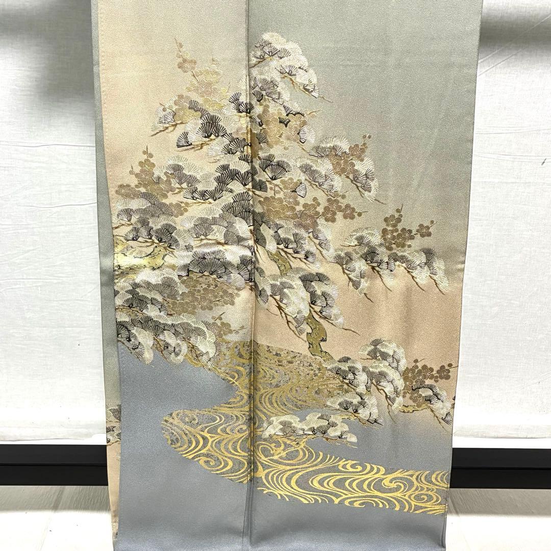 D27 訪問着 笠松 流水 金箔 正絹 着物 袷 極美品