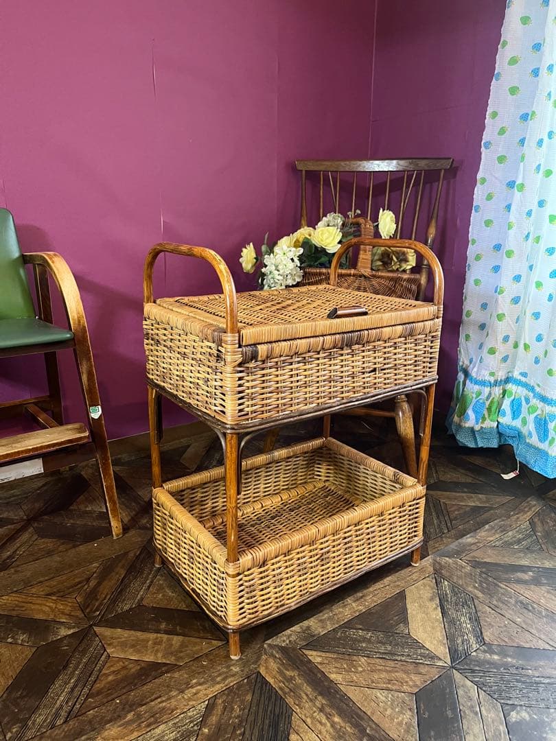ラタン 籐 2段 ランドリーバスケット 収納かご インテリア 昭和レトロ