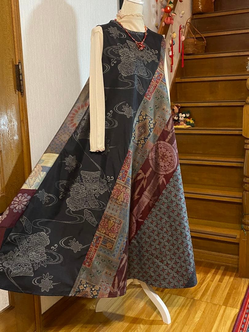 着物リメイク大島紬テントラインワンピース