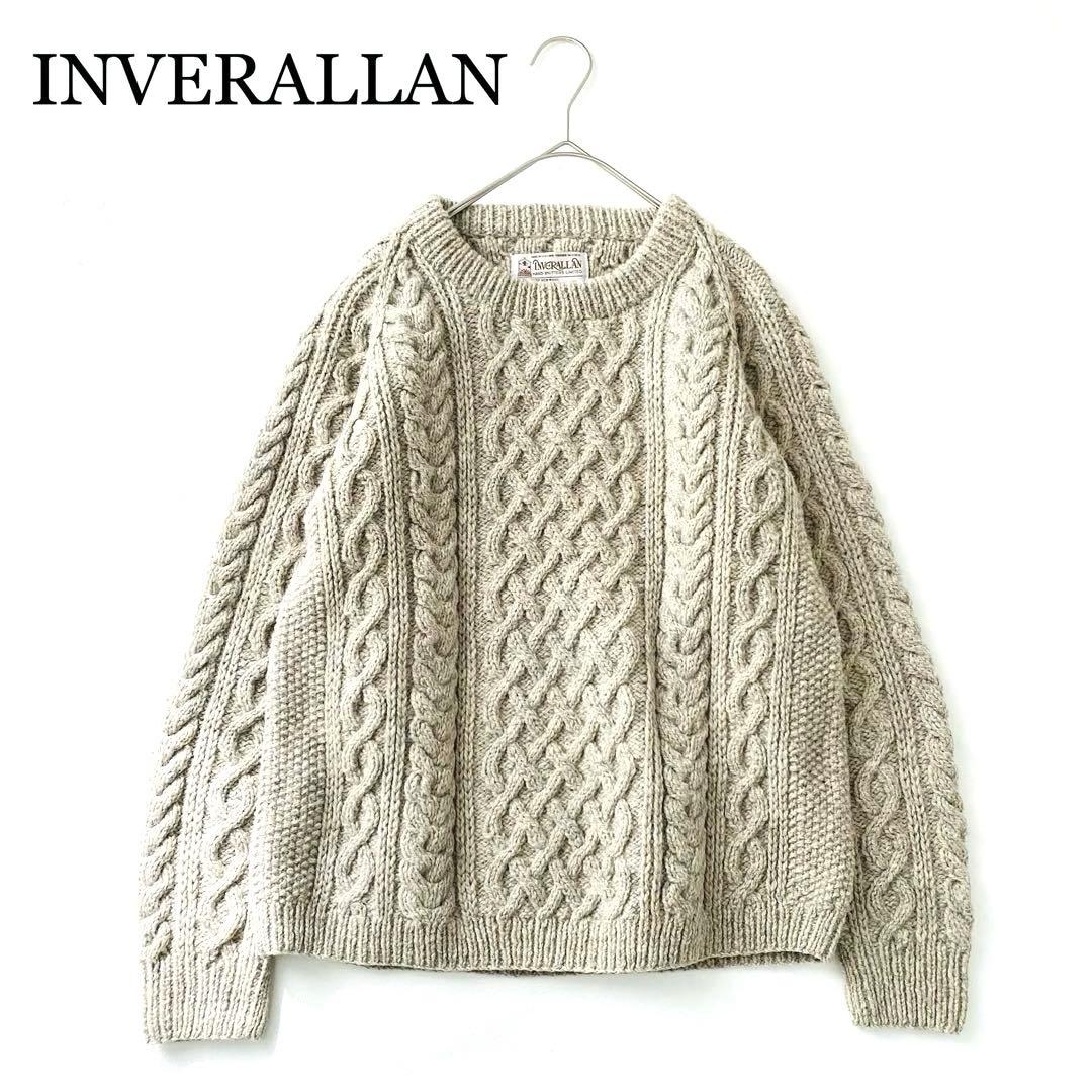 3194A【希少美品】インバーアラン 茶タグ ハンドニットクルーネック ベージュ
