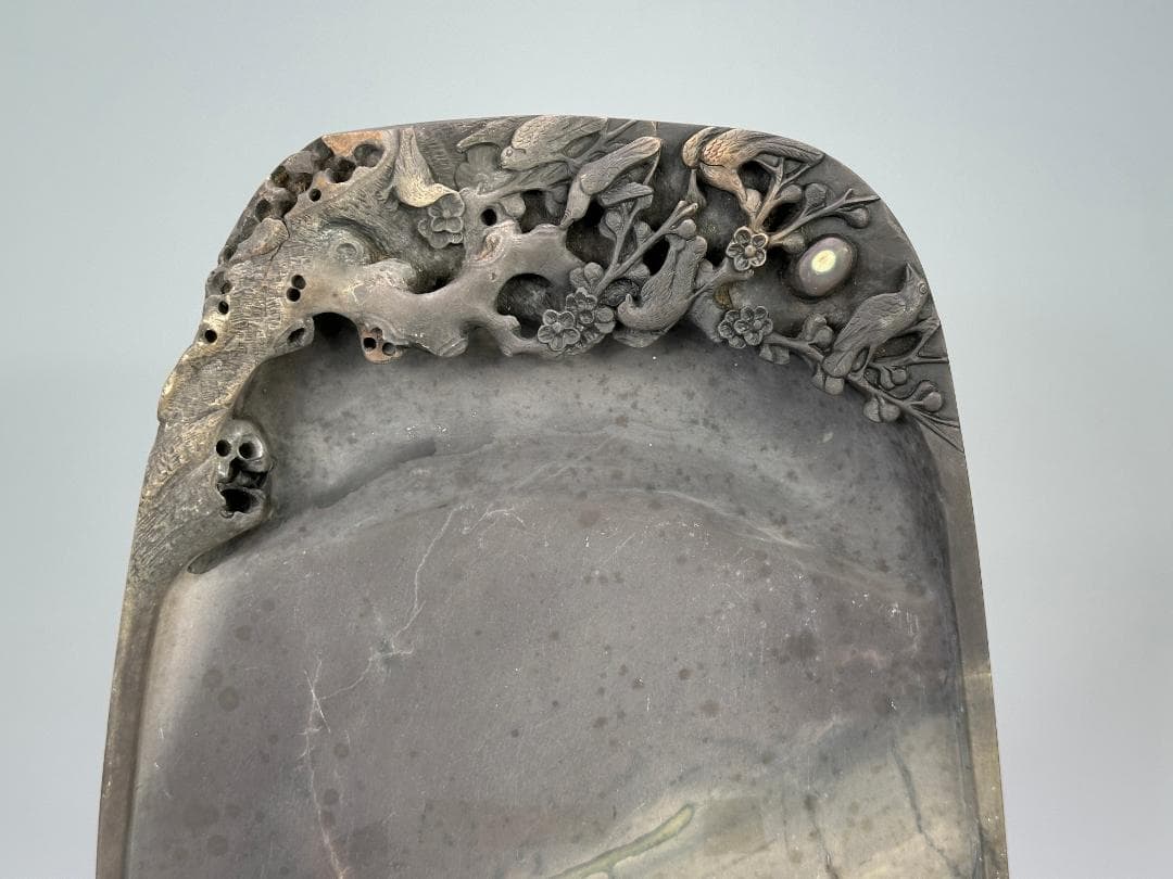 中国美術　書道具　文房具　硯　梅花鳥文端渓硯　唐物　古物　時代物　大振