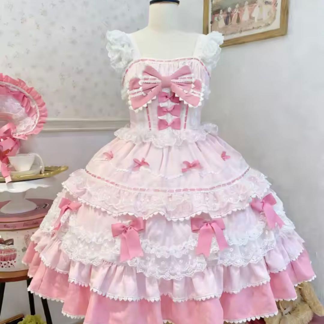 ロリータ ジャンスカ ピンク 甘ロリ 大きめリボン レース 量産型