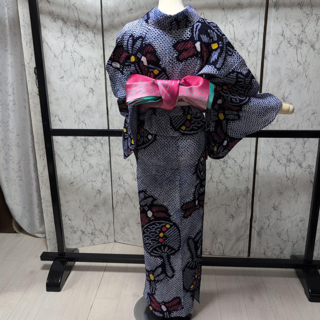 【有松絞り】赤とんぼ、うちわ柄、帯めだか♡ 居敷き当て、肩当て有り