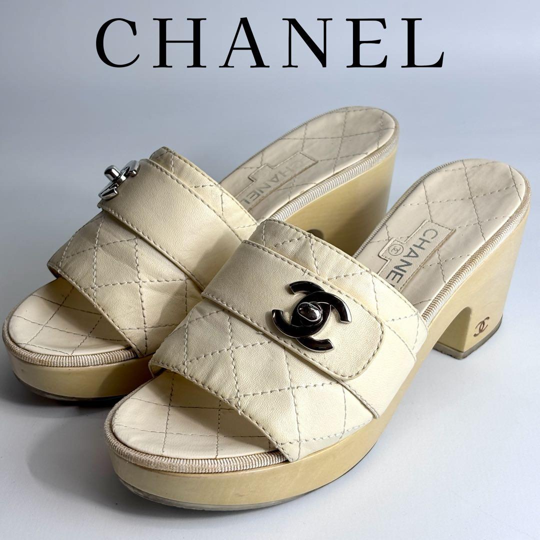 CHANEL シャネル ターンロック ミュール レザー アイボリー ヒール8㎝