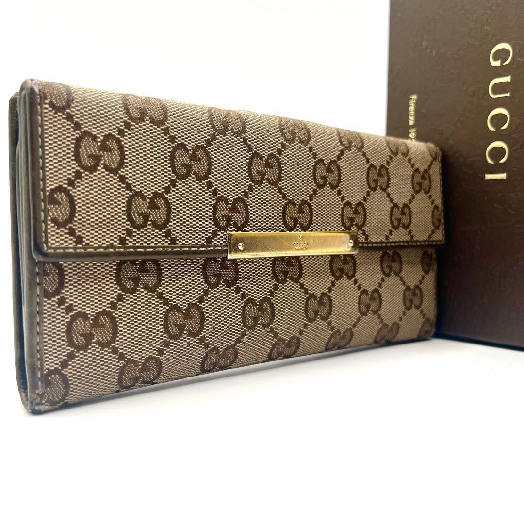 GUCCI グッチ GGキャンバス アイボリー レザー ロゴプレート 長財布