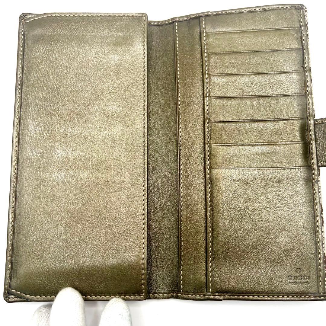 GUCCI グッチ GGキャンバス アイボリー レザー ロゴプレート 長財布