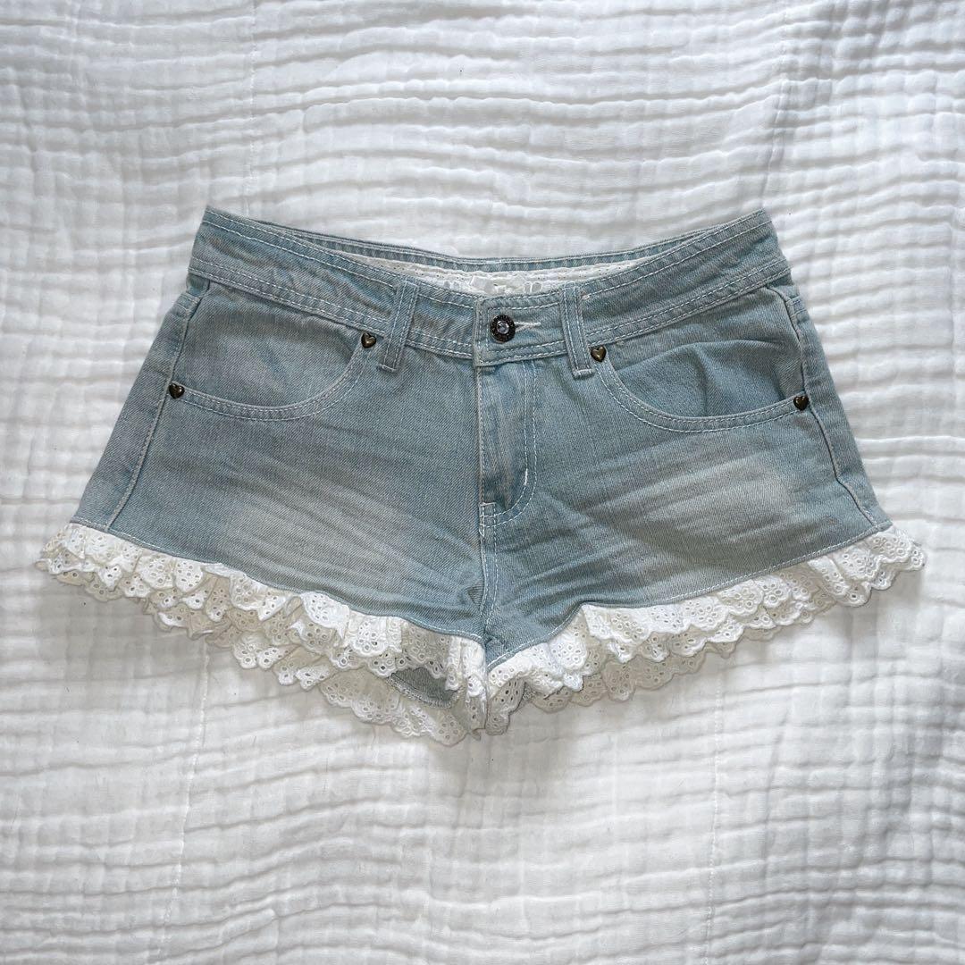 00s 希少 LIZLISA リボンポケット 裾レースデニムショーパン 姫カジ