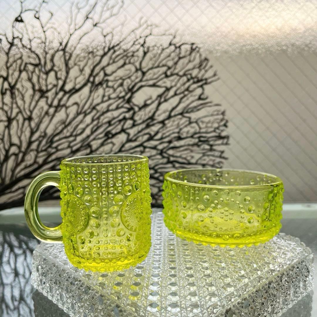 骨董　時代ガラス　フィンランド　グラッポニア マグカップ　ウランガラス１客②