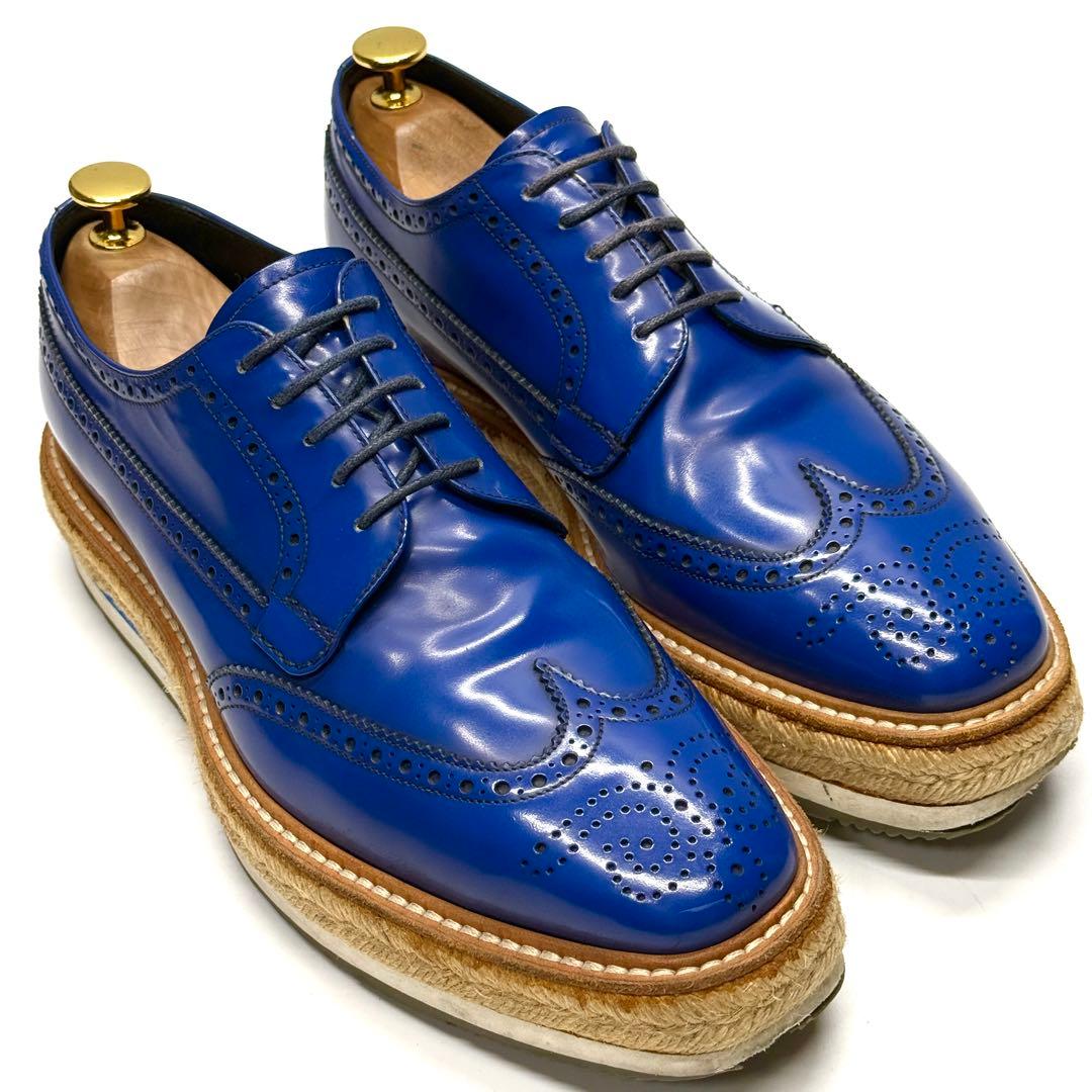 PRADA プラダ 革靴 ウィングチップ ガラスレザー ブルー エスパドリーユ