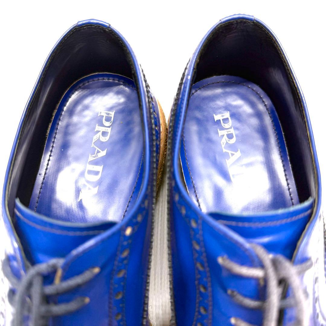 PRADA プラダ 革靴 ウィングチップ ガラスレザー ブルー エスパドリーユ