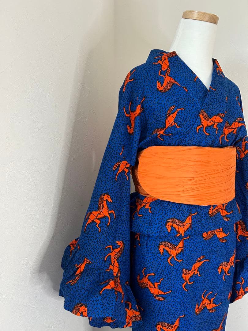 アフリカ布 浴衣 レディース フリル 着物 ハンドメイド 1点もの 馬柄 青