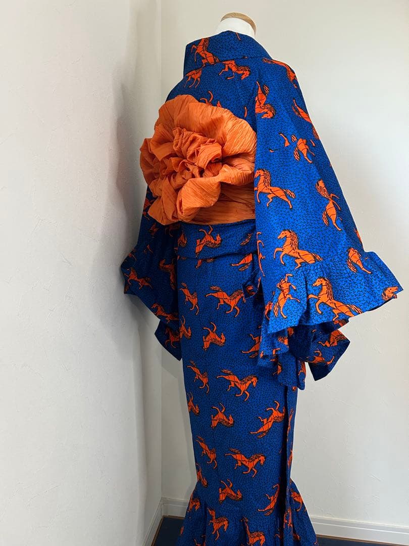 アフリカ布 浴衣 レディース フリル 着物 ハンドメイド 1点もの 馬柄 青