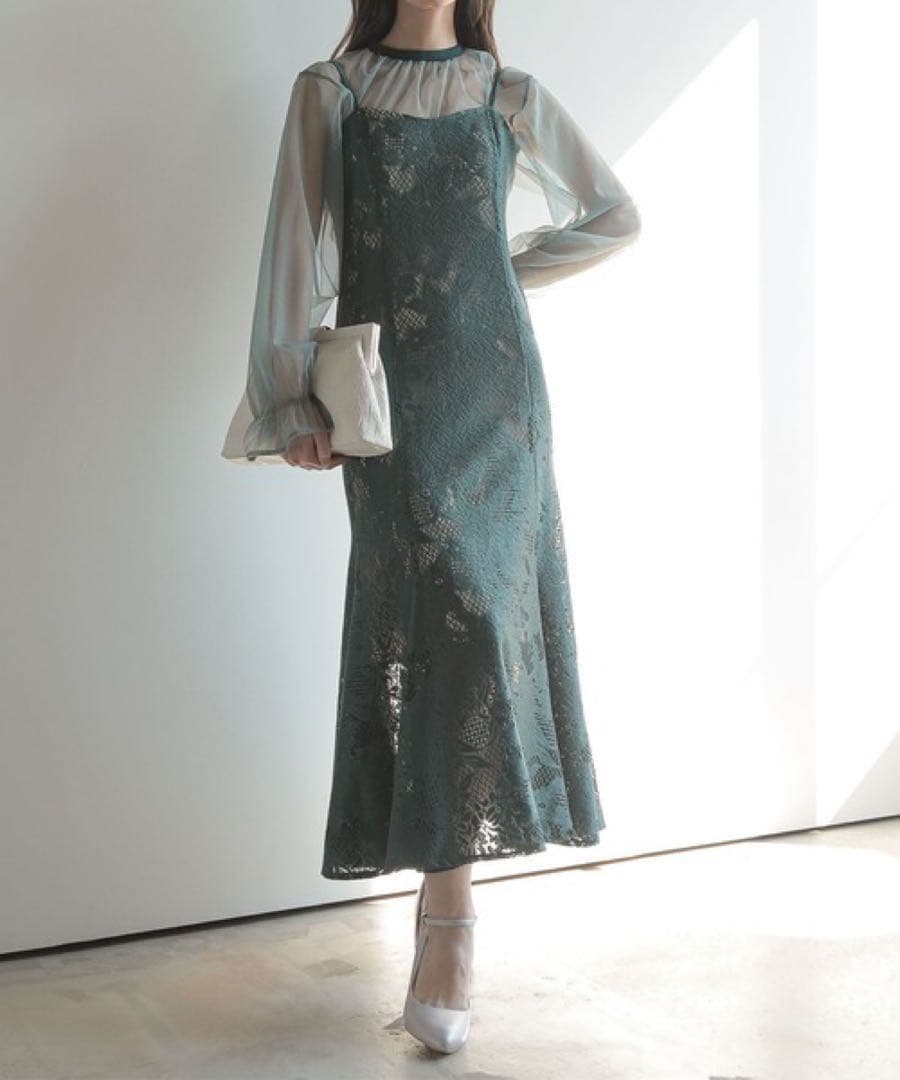 グリーンレースマキシドレス
