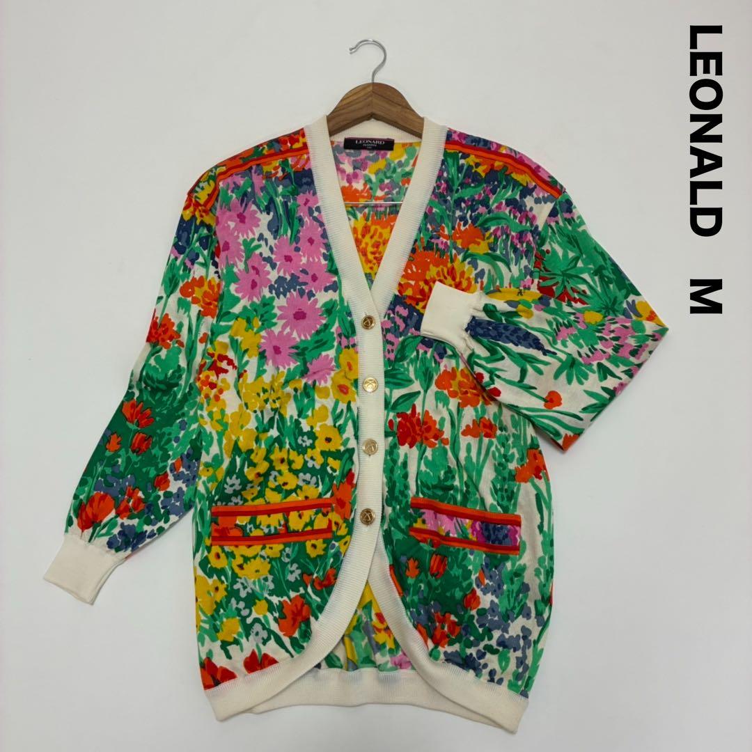 LEONALD レオナール☆Vネックロングカーディガン 金ボタン 小花柄 M