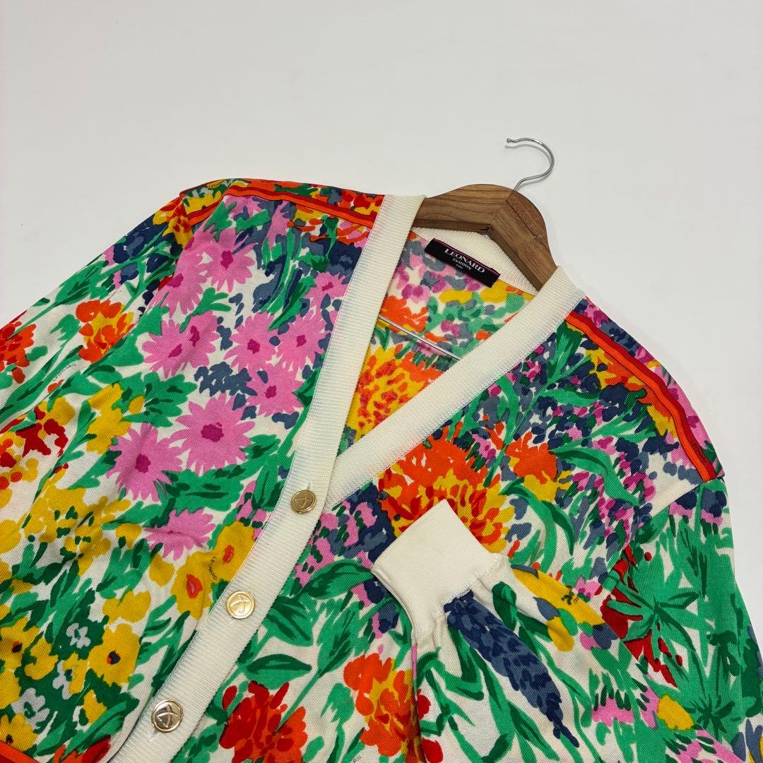 LEONALD レオナール☆Vネックロングカーディガン 金ボタン 小花柄 M