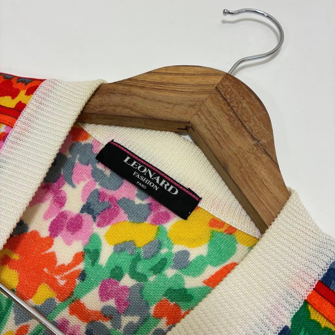 LEONALD レオナール☆Vネックロングカーディガン 金ボタン 小花柄 M