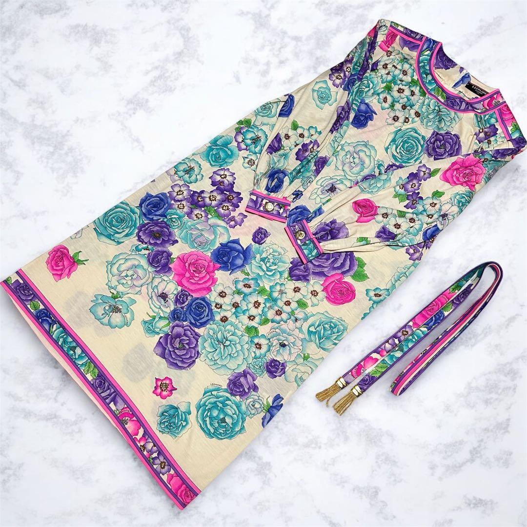 LEONARD 花柄 ウールシルクワンピース ベルト付 M ギャザースリーブ