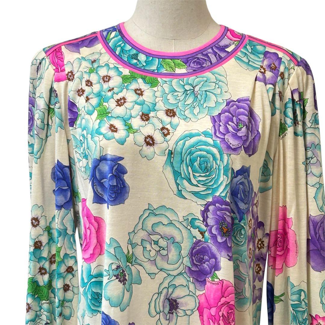 LEONARD 花柄 ウールシルクワンピース ベルト付 M ギャザースリーブ