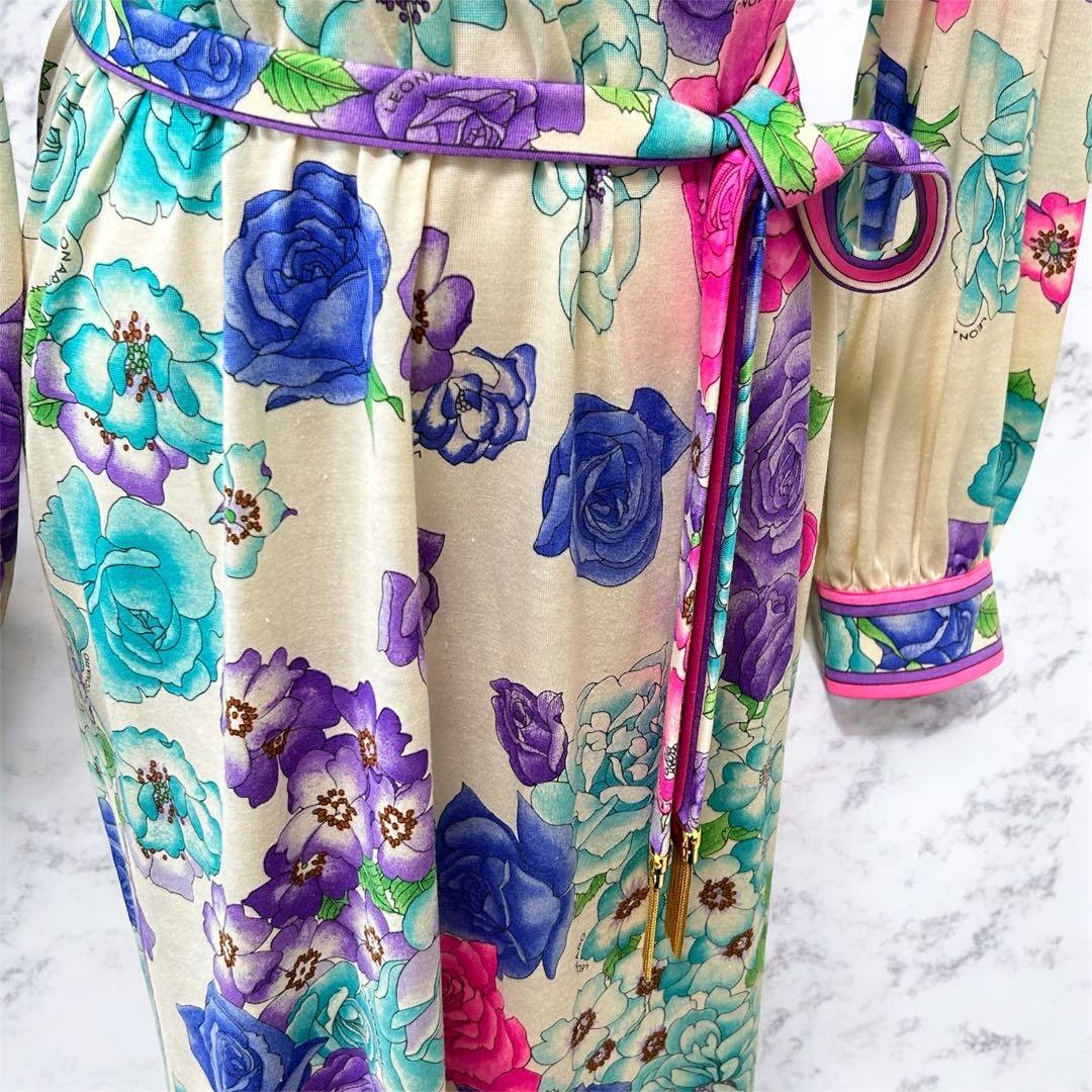 LEONARD 花柄 ウールシルクワンピース ベルト付 M ギャザースリーブ