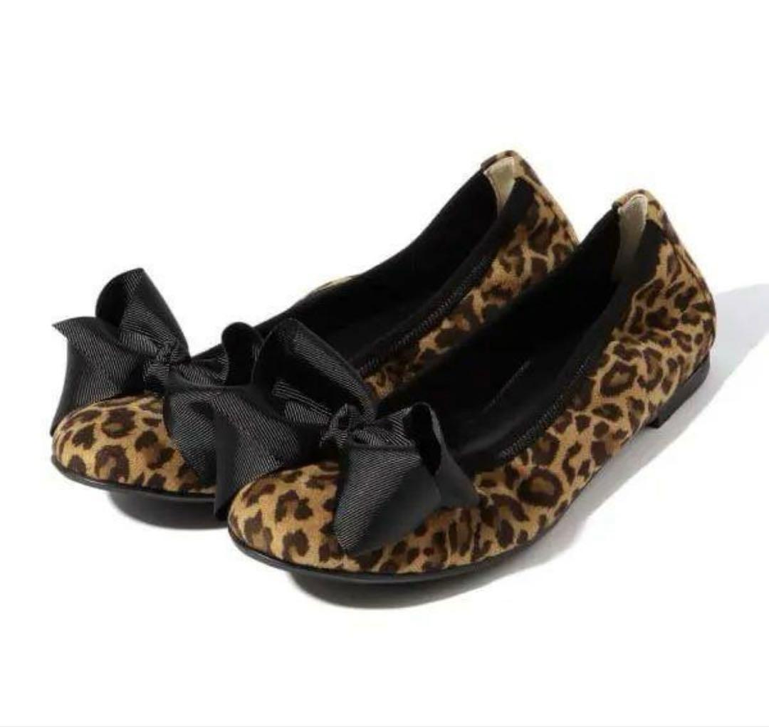 Ray BEAMS リボン バレエシューズ レオパード　24.0
