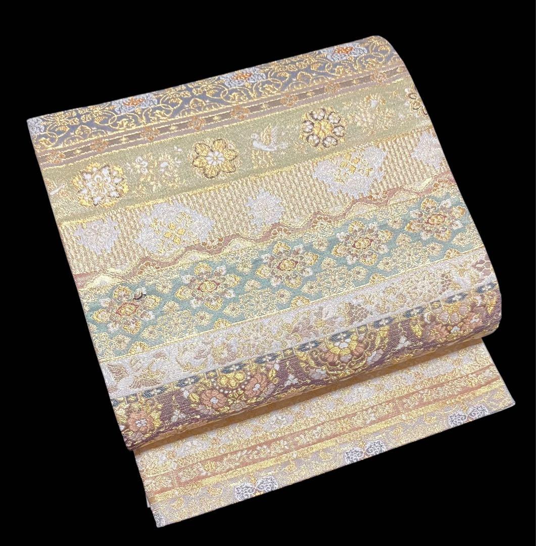 ツーシーズンリバーシブル袋帯 全通柄 正絹 正倉院百彩文 未使用に近いイ6524