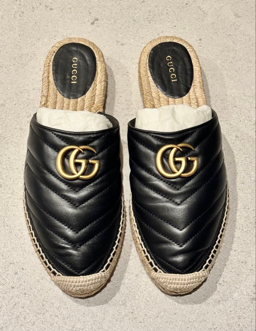 GUCCI （グッチ）ブラック エスパドリーユ レ ザー ミュール レディース