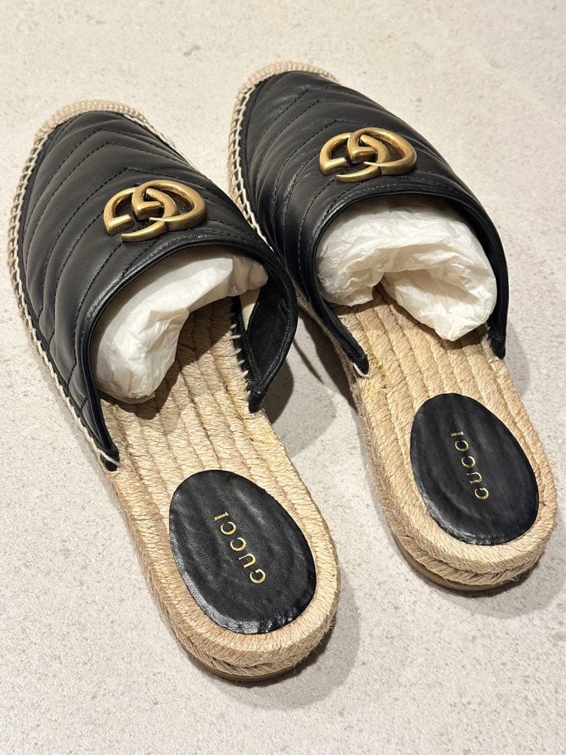 GUCCI （グッチ）ブラック エスパドリーユ レ ザー ミュール レディース